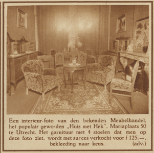 717328 Fotoadvertentie van '50' (Huis met het Hek), Meubelhandel geëxploiteerd door de Monnikendam-Galerie, Mariaplaats ...